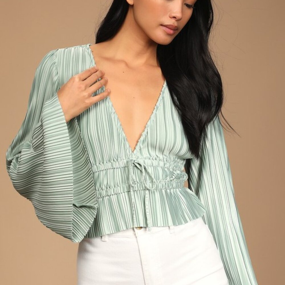Lulus Staying Optimistic Sage Green Pleated Bell Sleeve Top - Size XS